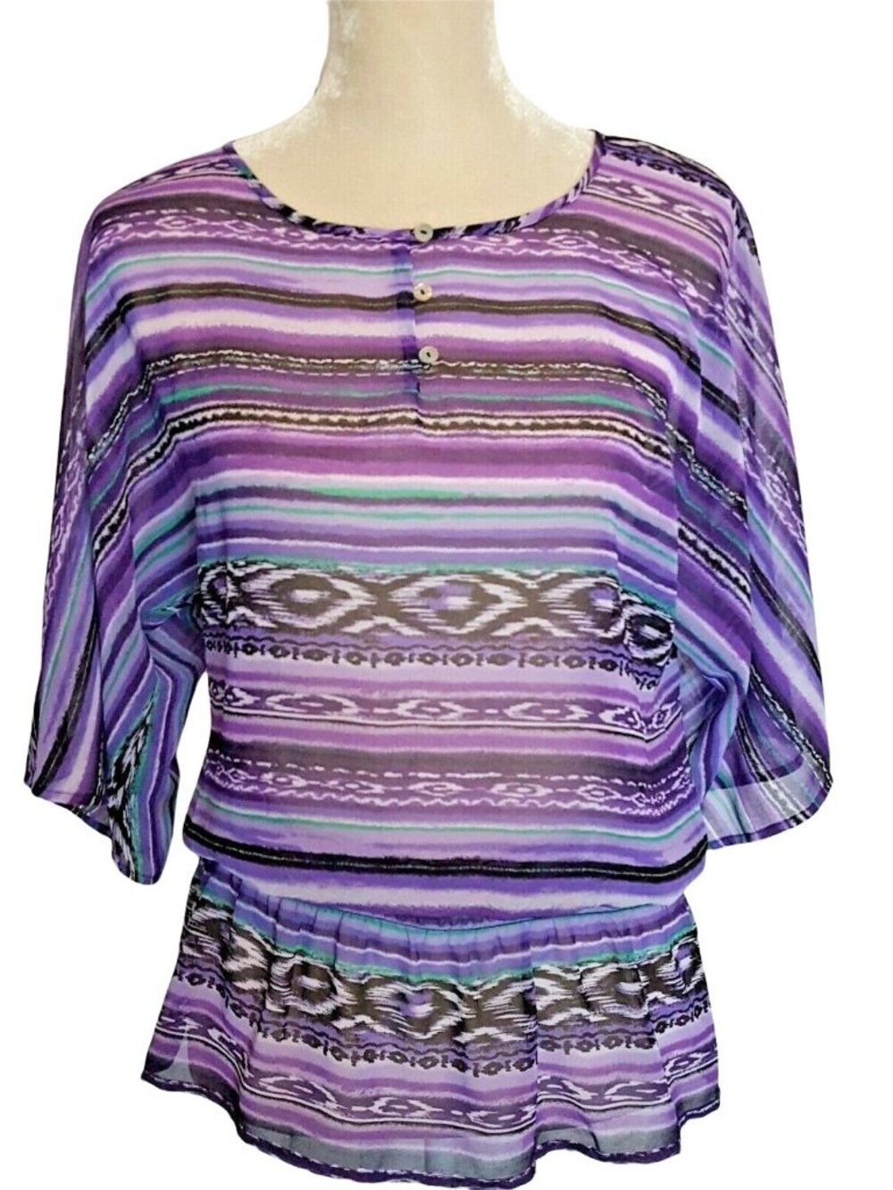 Chicos Womens Purple Geometric Stripe Top With Elastic Waist & Button Details Si